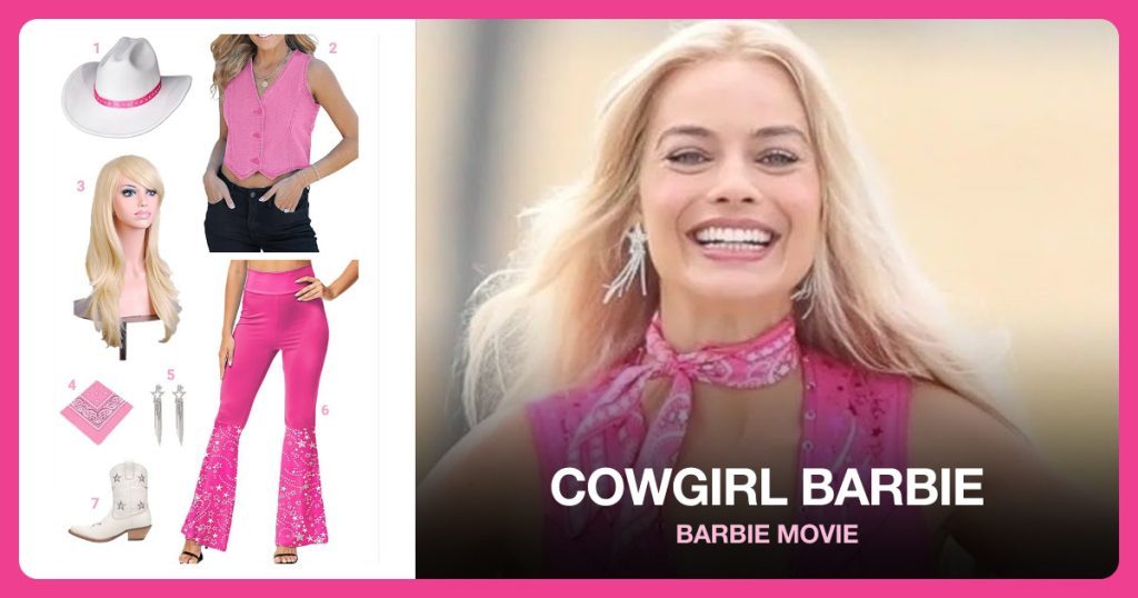 Pink Cowgirl Hat, Pink Vest, Light Blonde Wig and Pink Bandana beside Cowgirl Barbie