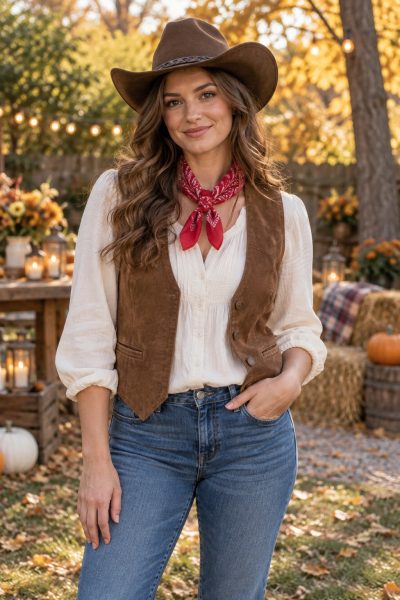 Cowgirl wearing a brown western hat, cream blouse, waistcoat and red bandana