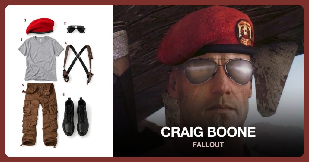 Red Military Beret, Dark Aviator Sunglasses, Gray Short-Sleeve T-Shirt and Brown Shoulder Harness beside Craig Boone