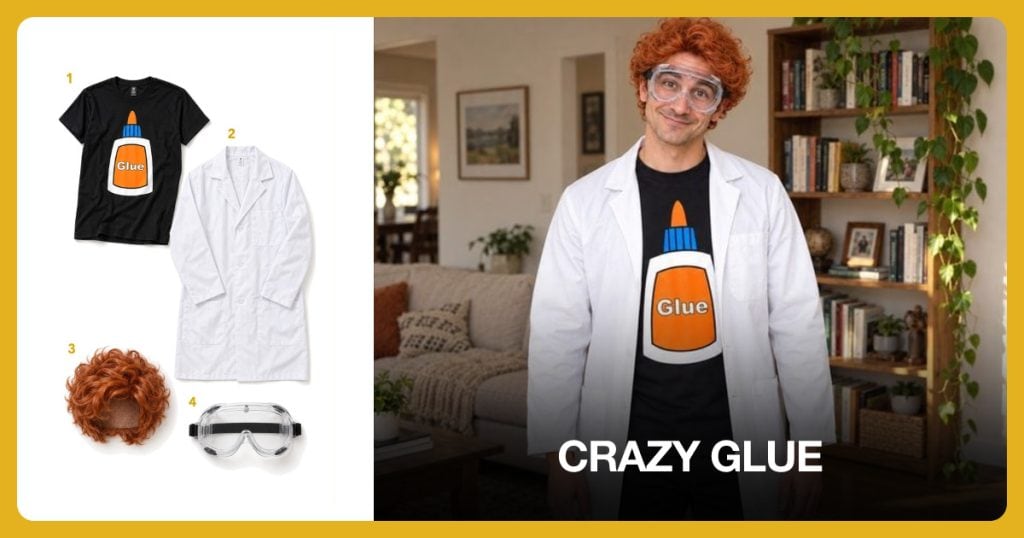 Glue Bottle Costume Shirt, White Lab Coat, Short Orange Curly Wig and Clear Lab Goggles beside Crazy Glue