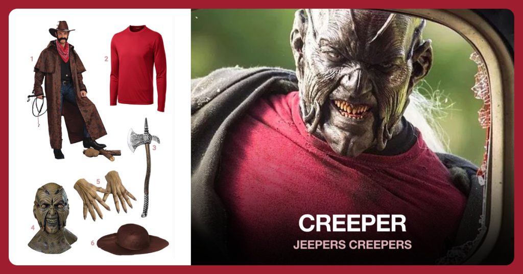 Cowboy Coat, Red Long Sleeve, Spear Axe and Creeper’s Mask beside Creeper