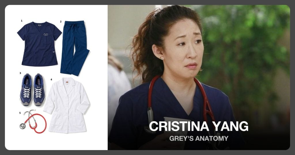 Sivvan Navy V-Neck Scrub Top and Grey’s Anatomy by Barco Indigo Scrub Pants beside Cristina Yang