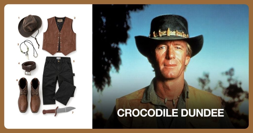 Brown Outback Hat, Tan Leather Vest, Alligator Tooth Necklace and Brown Leather Belt beside Crocodile Dundee