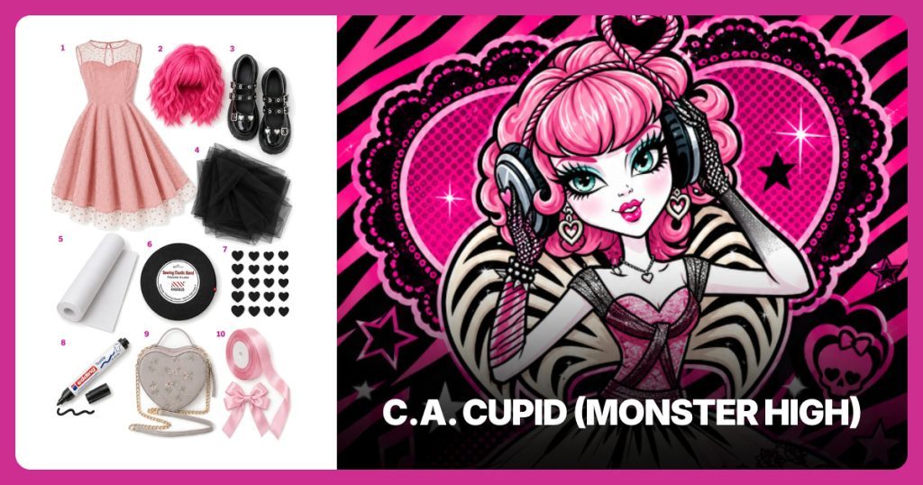 Pink Heart-Print Tulle Dress, Hot Pink Wavy Bob Wig and Black Heart-Buckle Platform Mary Janes beside C.A. Cupid (Monster High)