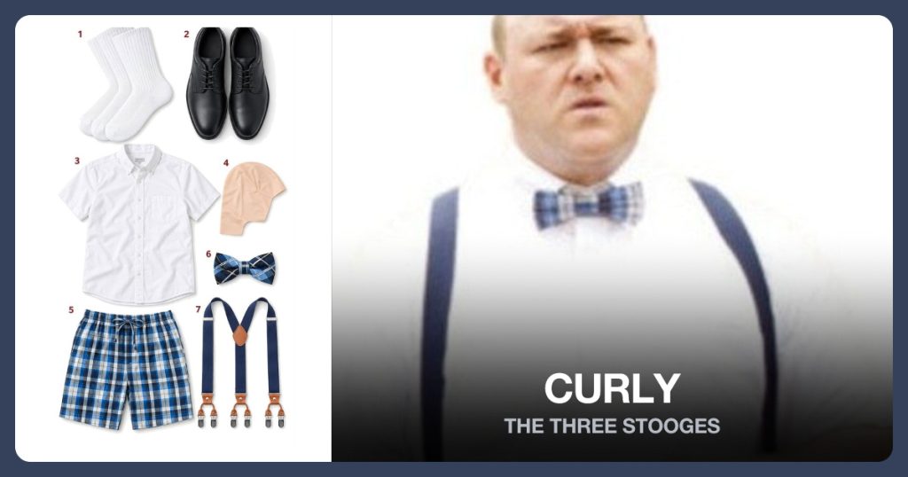 Men’s Athletic Socks, Black Dress Shoes, Men’s White T-Shirt and Bald Cap beside Curly