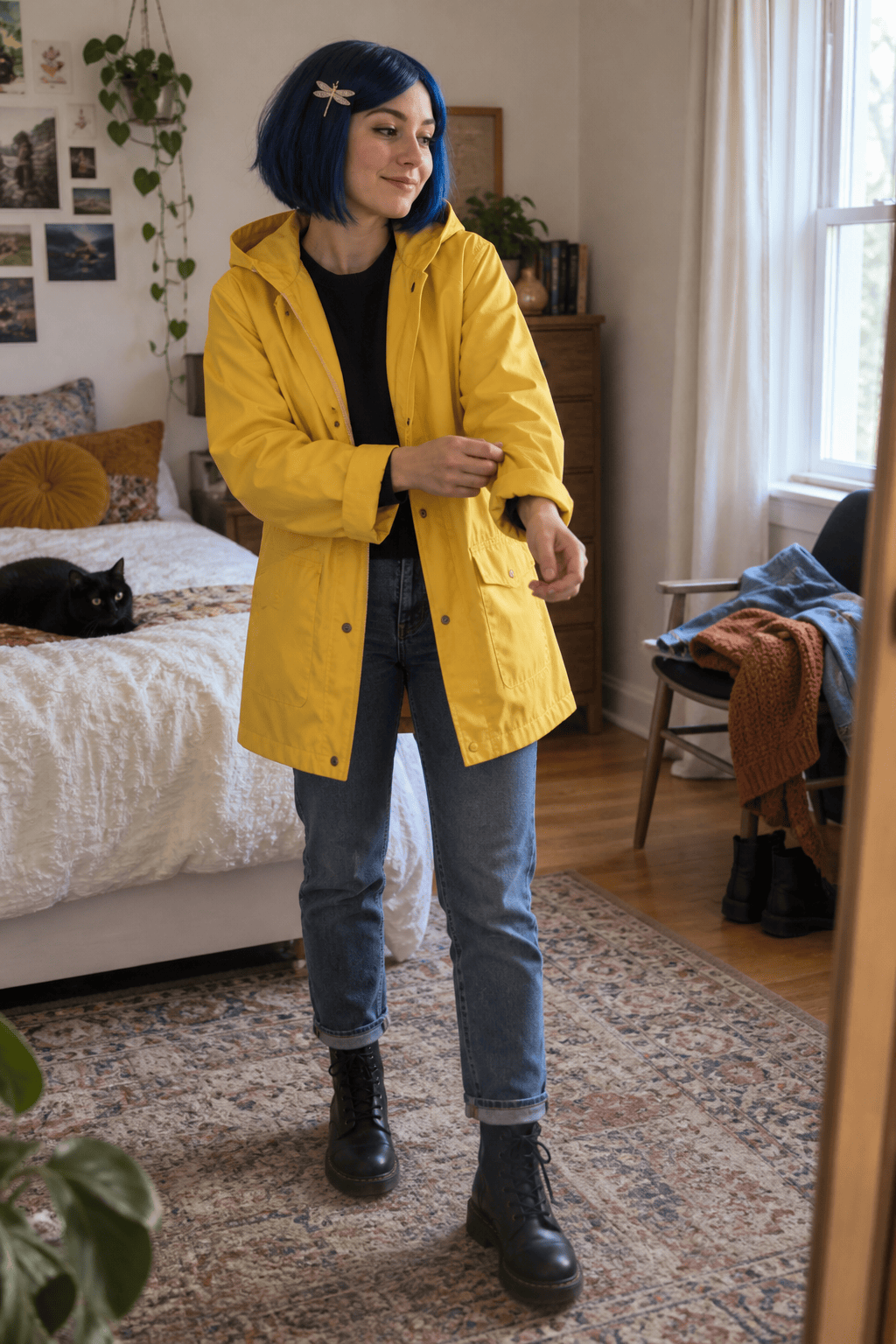 Woman wearing a Coraline inspired costume
