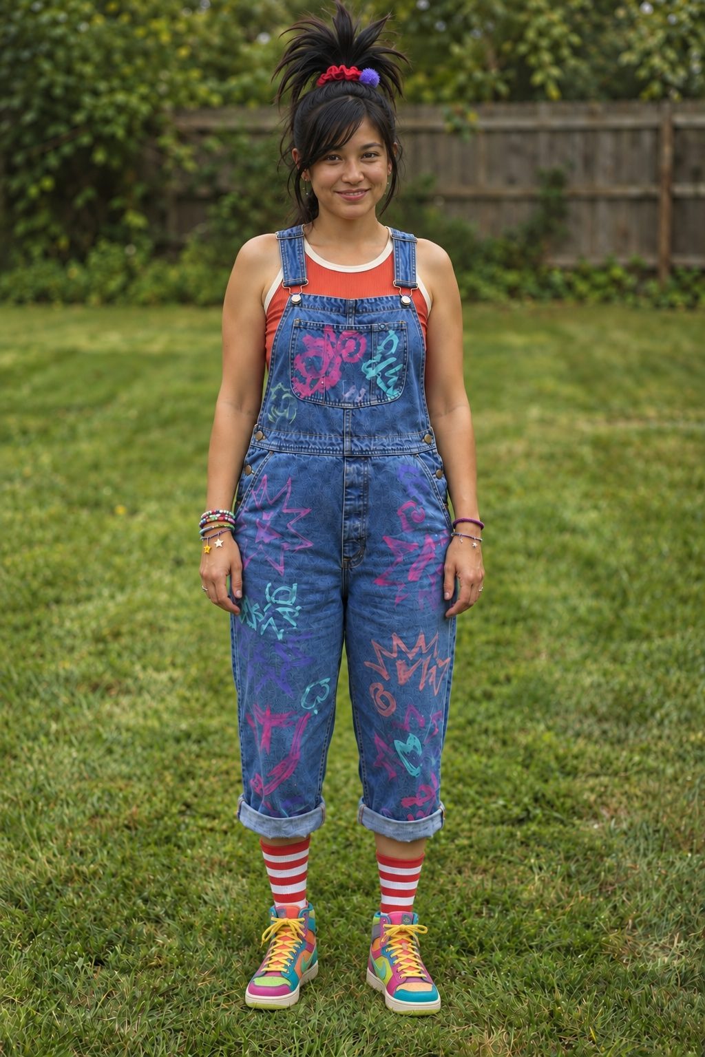 Adult wearing Jo’s painted cropped overalls, orange tank, high ponytail, striped socks, and multicolored high-top sneakers