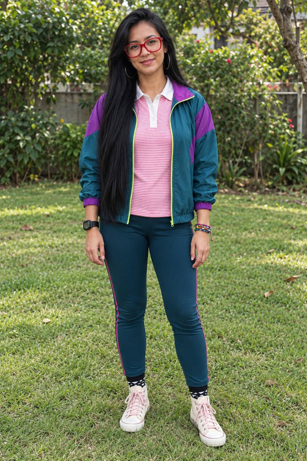 An adult Filipina woman wearing Raissa’s teal and purple jacket, pink striped polo, red glasses and cream high-top sneakers