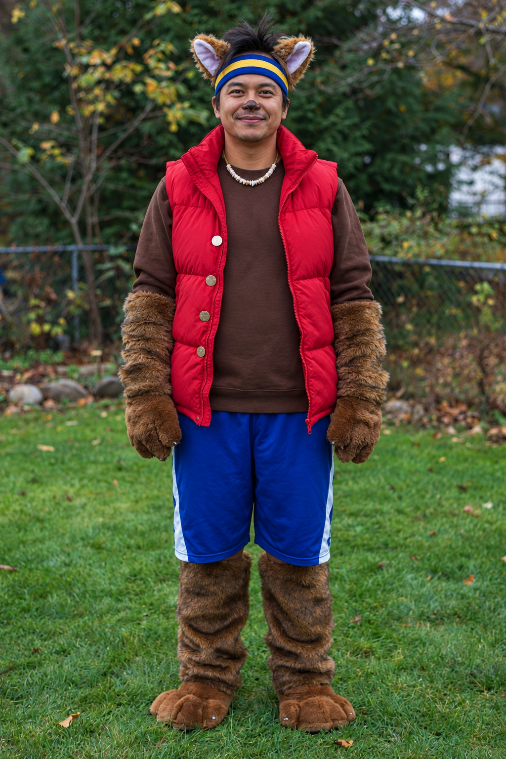 Adult wearing a homemade Raww costume