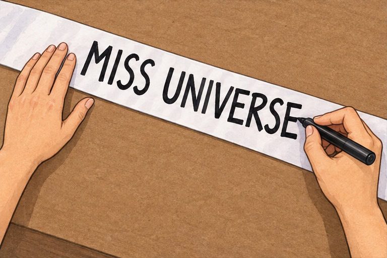 Letter MISS UNIVERSE on the removed sash over cardboard