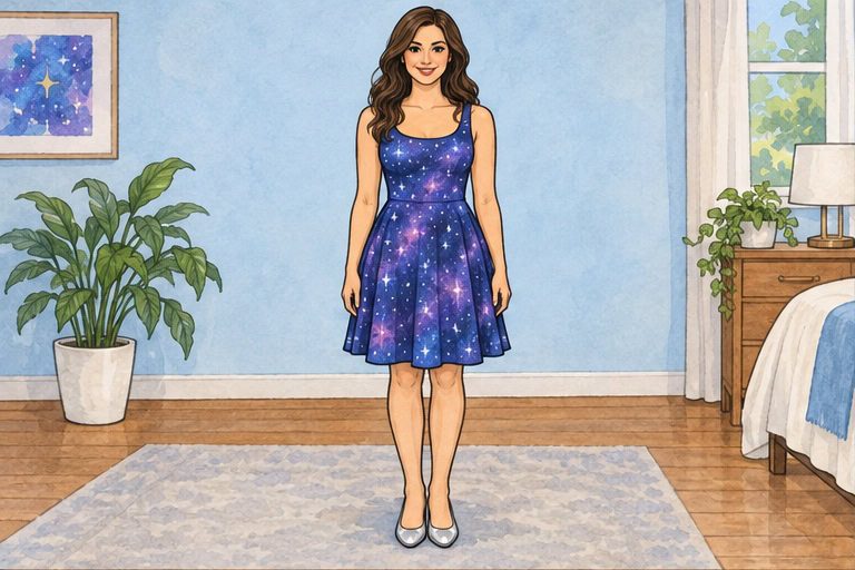 Check the fit of the galaxy dress and silver flats