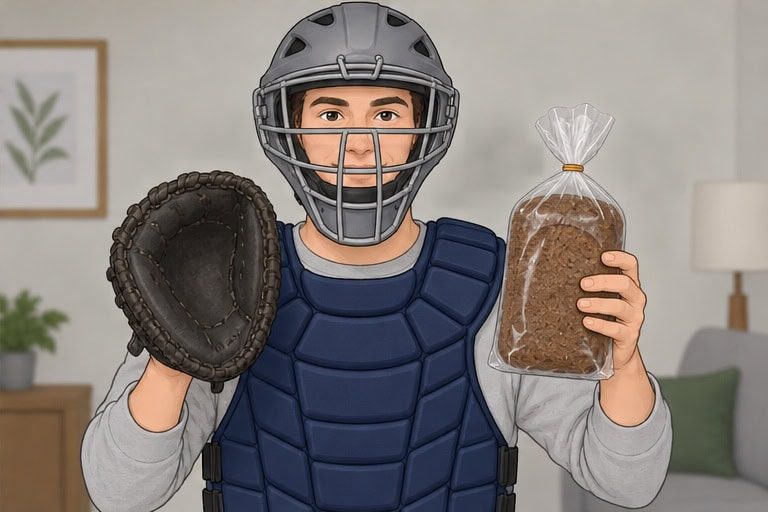 Show a packaged rye loaf beside the catcher mitt.