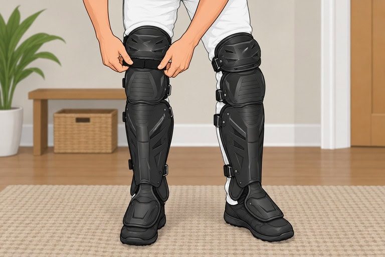 Secure the full length black adult catcher leg guards over both lower legs.