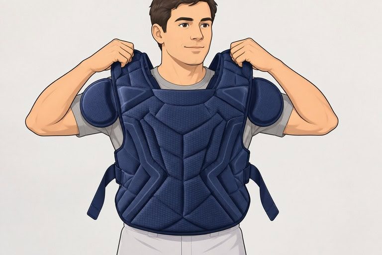 Put on the navy chest protector using its shoulder and side or back straps.