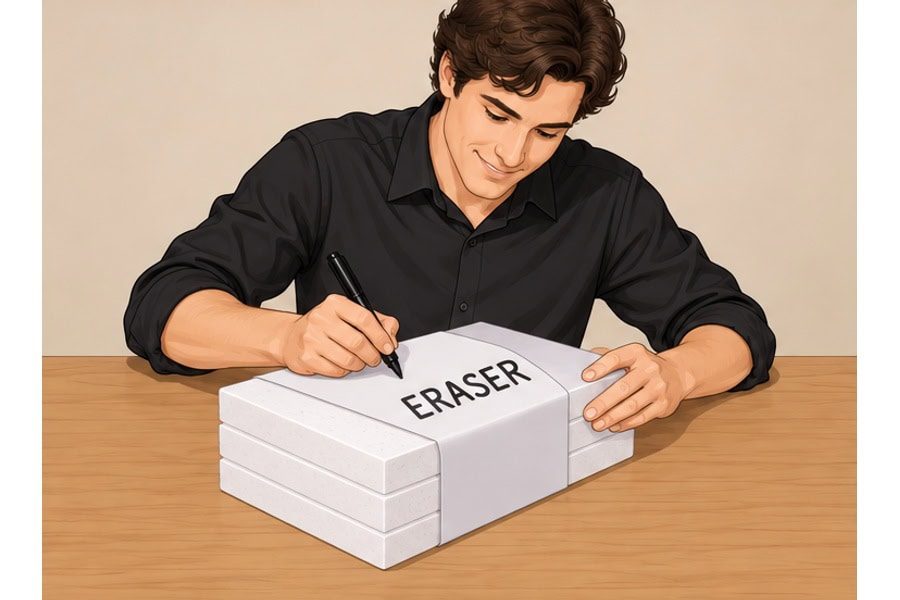 Write ERASER clearly across the finished white foam stack.