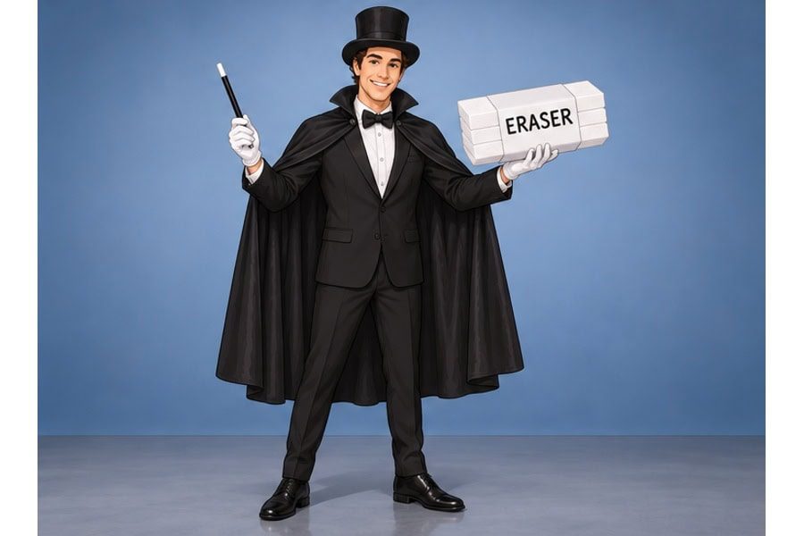 Put on the magician set and carry the finished labeled eraser block.