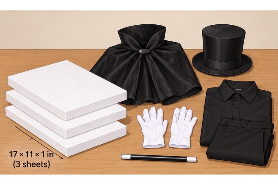 Set out three one-inch foam sheets and the magician set.