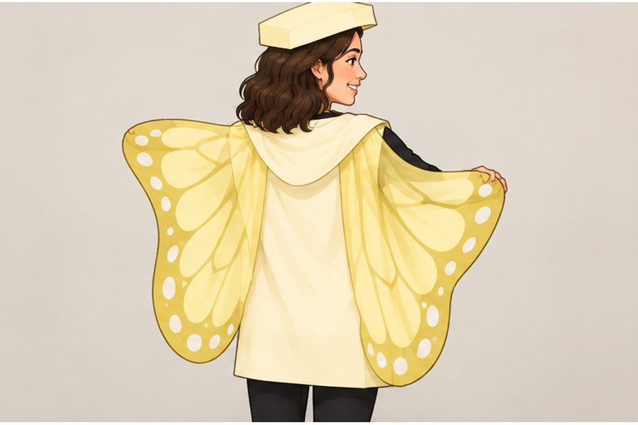 Fasten the yellow butterfly cape over the shoulders and back.