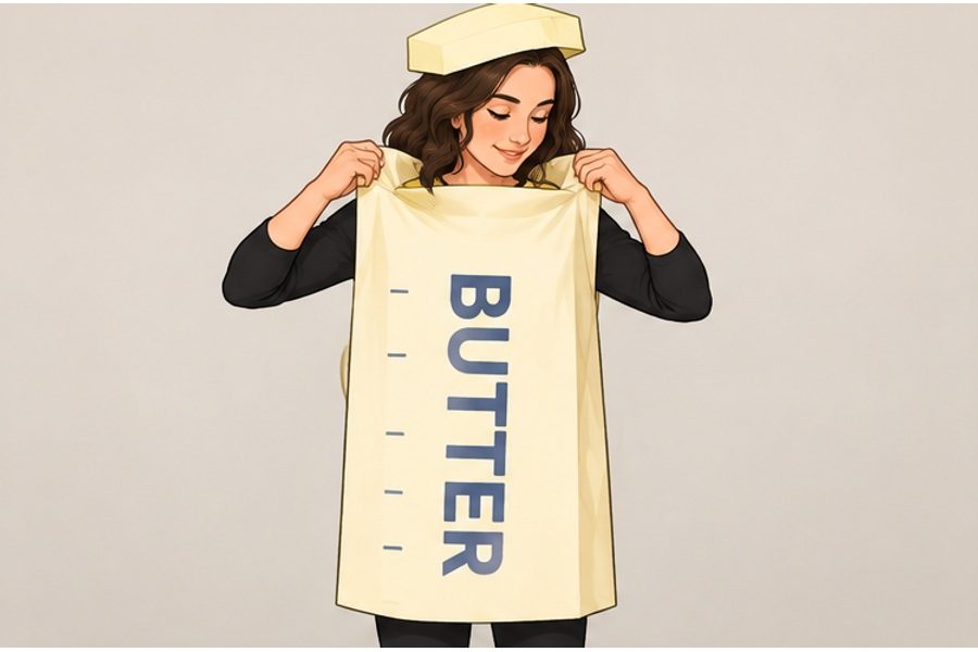 Put on the yellow tunic with its existing BUTTER label facing forward.
