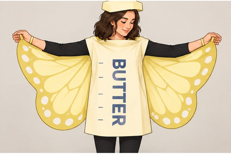 Slip both hands through the cape loops to spread the fabric wings.