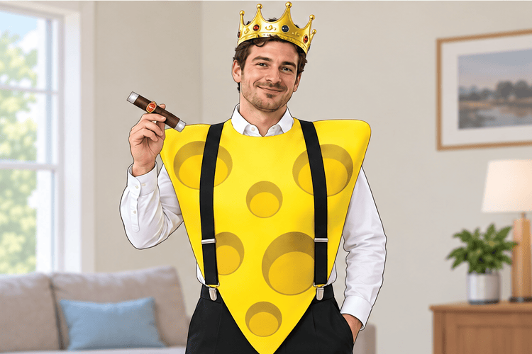 Instructional illustration for Big Cheese costume: Hold the faux cigar.