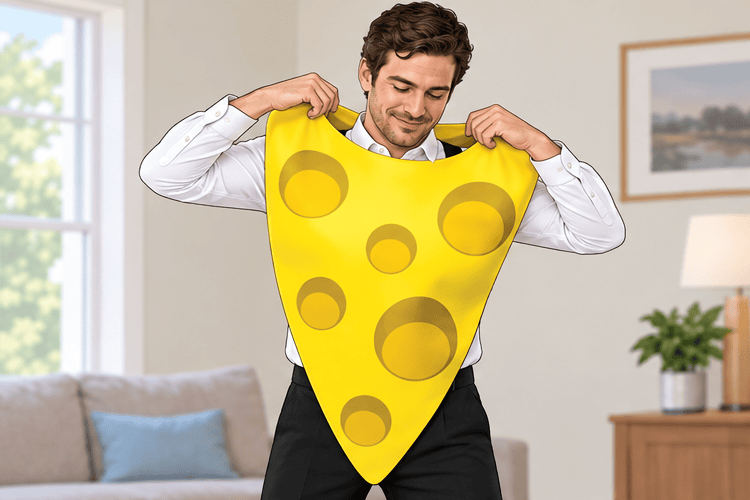 Instructional illustration for Big Cheese costume: Put on the cheese wedge.