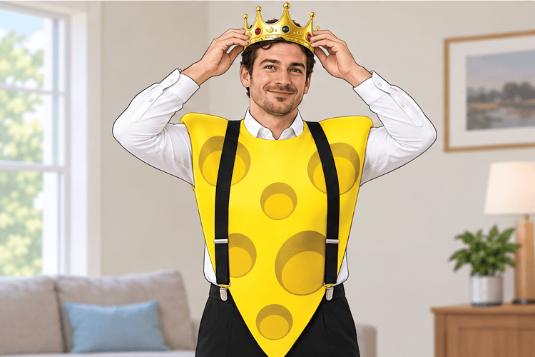 Instructional illustration for Big Cheese costume: Add the gold crown.