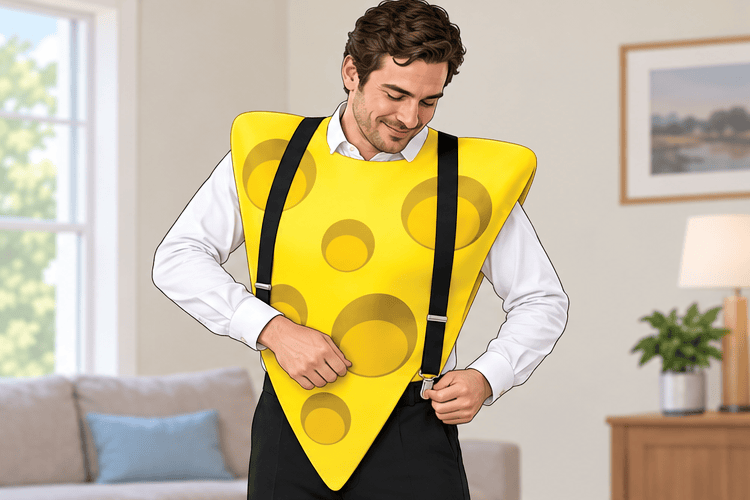 Instructional illustration for Big Cheese costume: Clip on black suspenders.