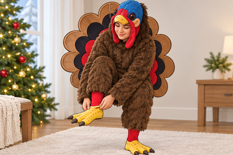 Instructional illustration for Cold Turkey costume: Put on the turkey suit.