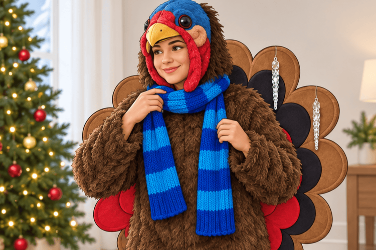 Instructional illustration for Cold Turkey costume: Wrap on the blue scarf.