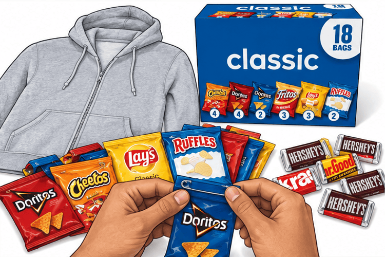 Instructional illustration for Snack Attack costume: Sort and fold the empty wrappers.