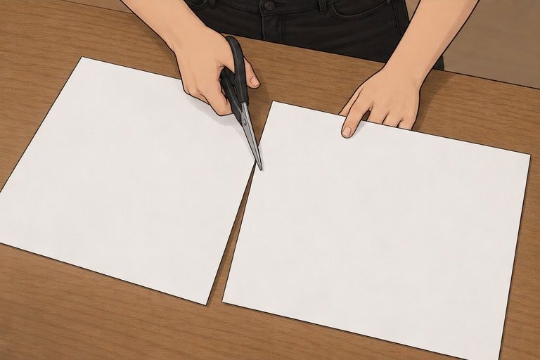 Illustrated hands cutting one white poster-board sheet into two signs.