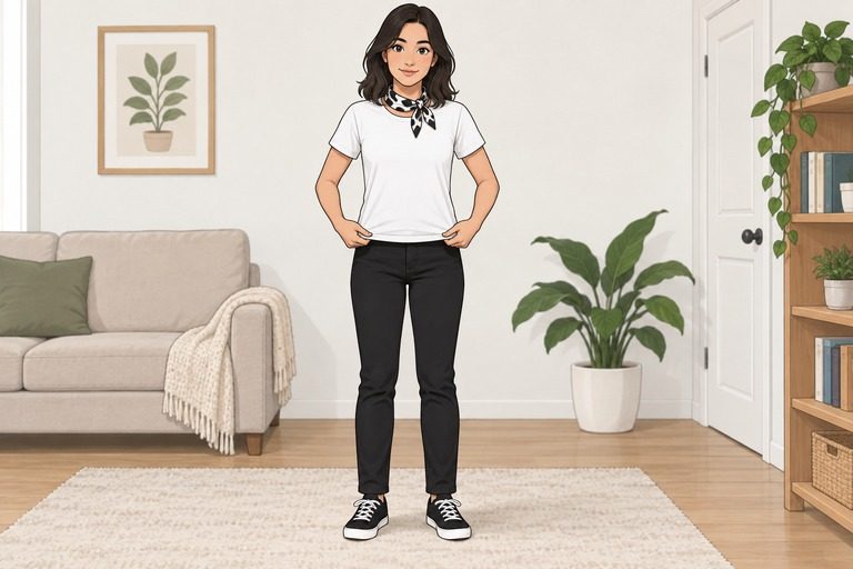 Illustrated full outfit with white shirt, black jeans, cow-print bandana and sneakers.