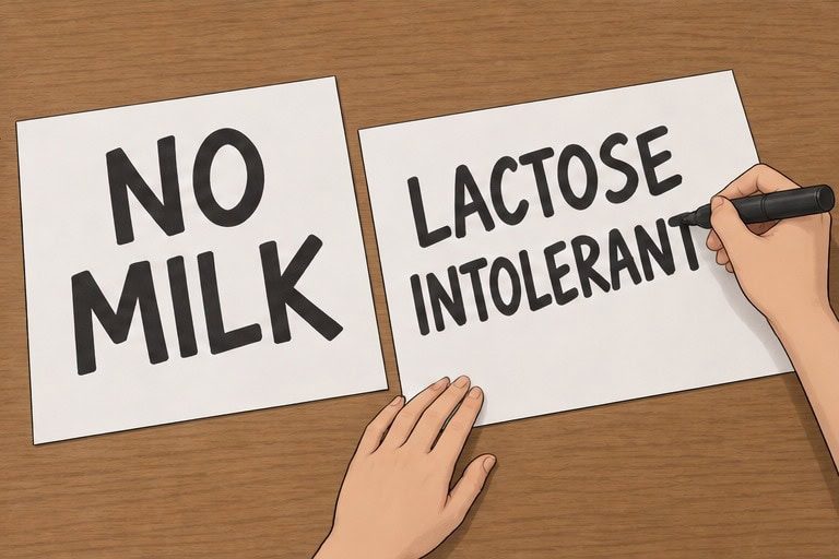 Illustrated marker lettering two separate protest signs, “LACTOSE INTOLERANT” and “NO MILK”.