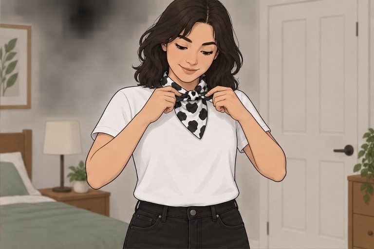 Illustrated wearer tying a cow-print bandana over a blank white shirt.