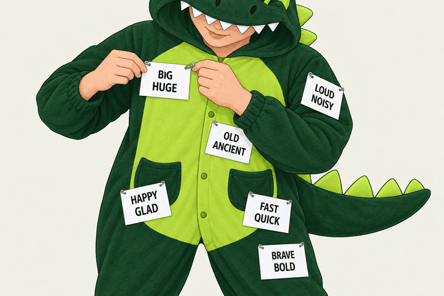 Illustrated hands pin both top corners of a synonym-pair card to the dinosaur onesie.