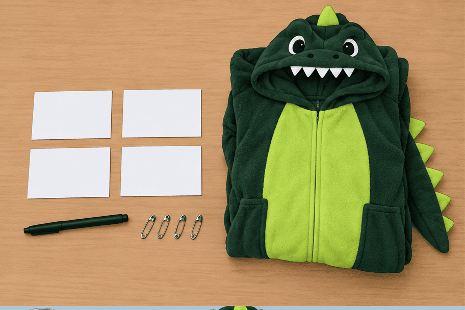 Four blank white index cards, black marker and silver safety pins laid beside the dark-green and lime dinosaur onesie.