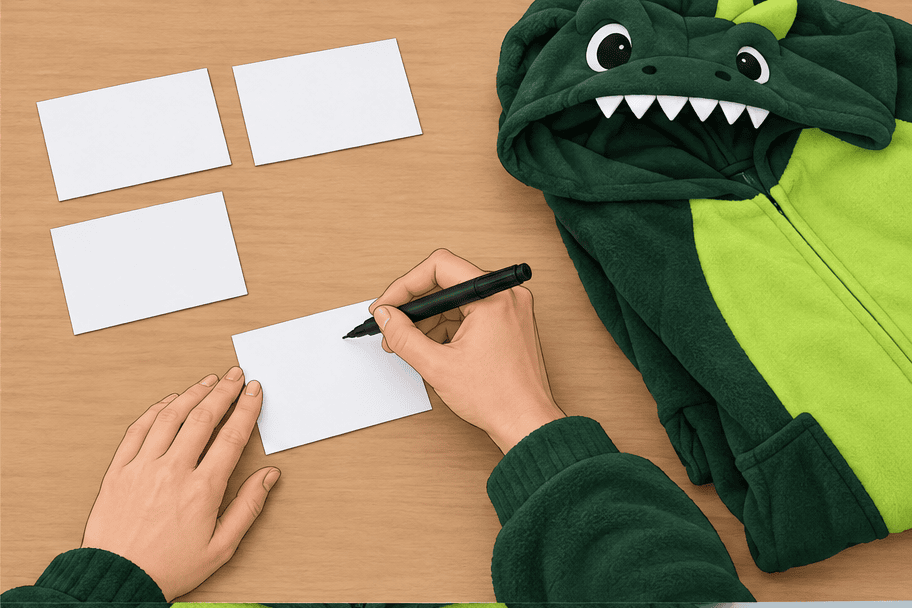 A hand writes on a white index card with a black fine point marker beside the dark-green and lime dinosaur onesie.