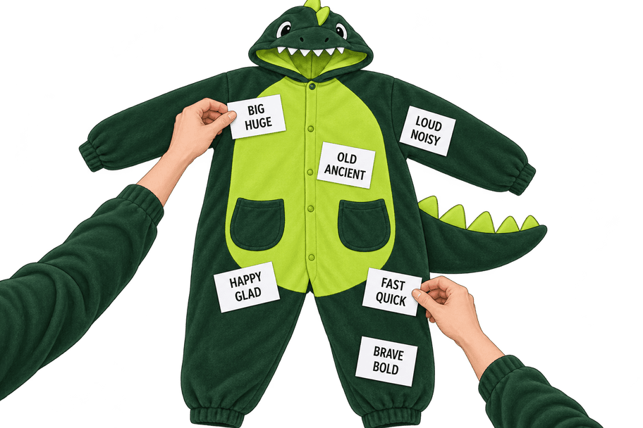 Illustrated hands place six synonym-pair cards at varied spots over a green dinosaur onesie.