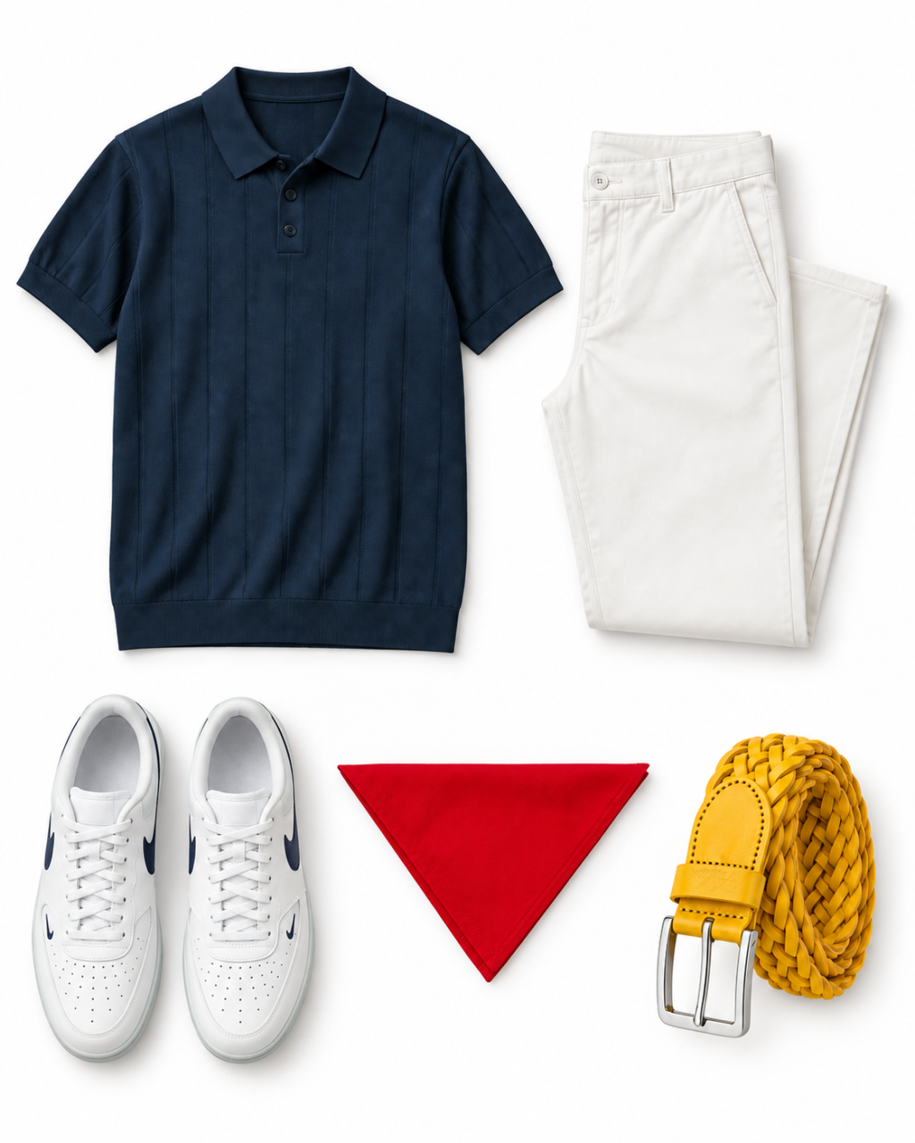 Navy knit polo, ivory chinos, solid red bandana, yellow braided belt and white-and-navy Nike sneakers arranged on white.