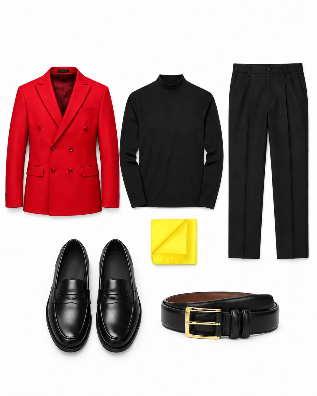 Red double-breasted blazer, black mockneck and trousers, yellow satin pocket square, black loafers and gold-buckle belt arranged on white.
