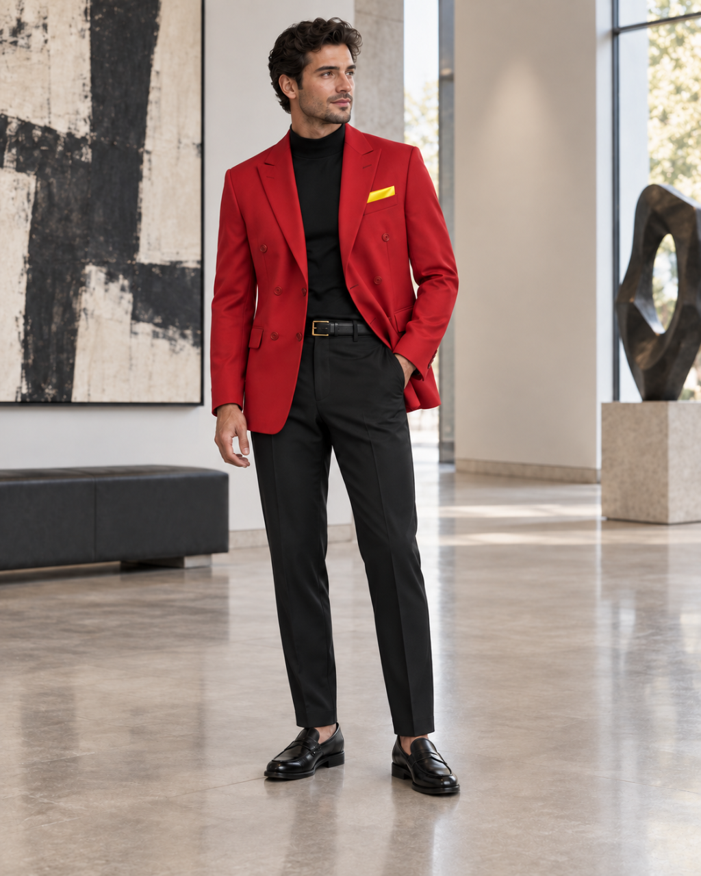 Man wearing a red double-breasted blazer with a yellow pocket square, black mockneck, trousers, loafers and black belt.