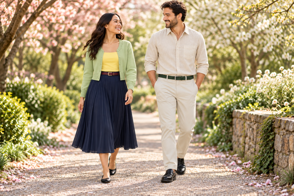 Woman in Mulan home-inspired green, yellow, navy and burgundy separates beside man in cream training-inspired clothes with a green belt and black loafers.