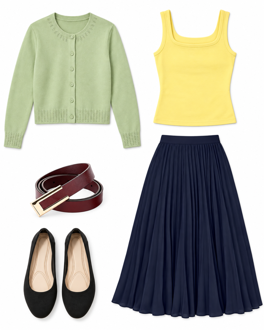 Light-green cropped cardigan, yellow tank, navy pleated midi skirt, burgundy leather belt and black ballet flats.