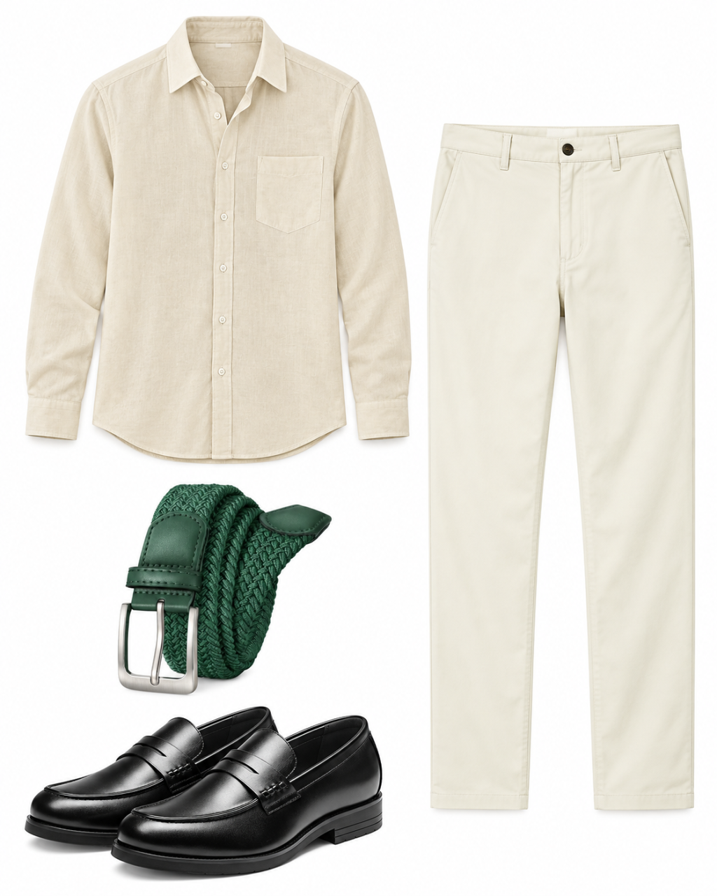 Beige linen-cotton shirt, stone chinos, green braided belt and black penny loafers.