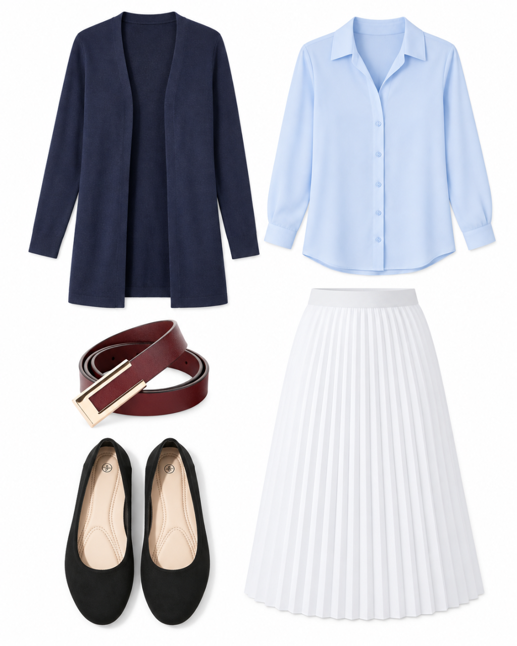 Navy long cardigan, light-blue blouse, white pleated skirt, burgundy belt and black ballet flats.