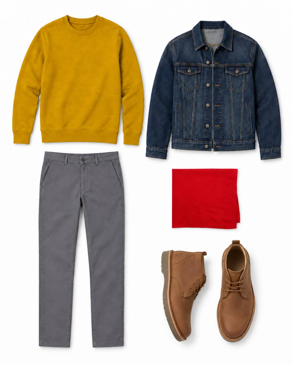 Gold crewneck sweatshirt, dark denim jacket, charcoal chinos, solid red cotton bandana and light-brown leather chukka boots arranged on white.
