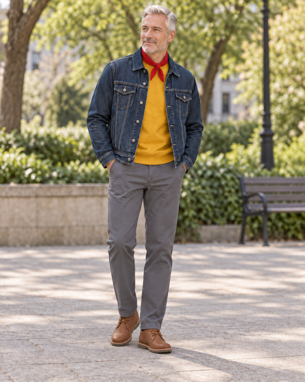 Adult man wearing a gold sweatshirt, dark denim jacket, charcoal chinos, solid red neck bandana and light-brown chukka boots.