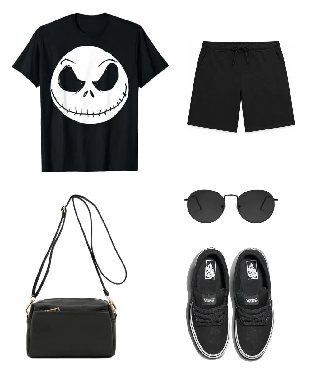 Jack face tee, black drawstring shorts, small black crossbody bag, round sunglasses and black Vans sneakers arranged on white.