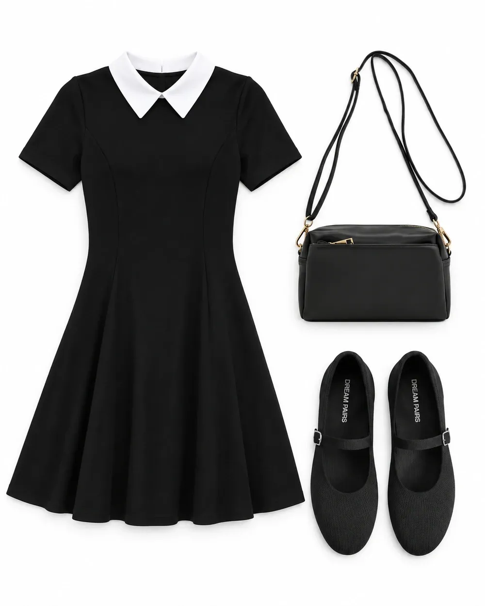 Black short-sleeve skater dress with a white collar, black crossbody bag and black Mary Jane flats on white.
